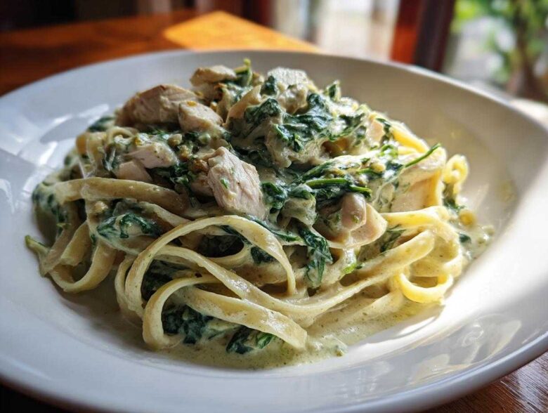A close-up of fettuccine coated in a creamy sauce with spinach and chunks of chicken, ready for a Creamy Spinach Pasta with Chicken Dinner.