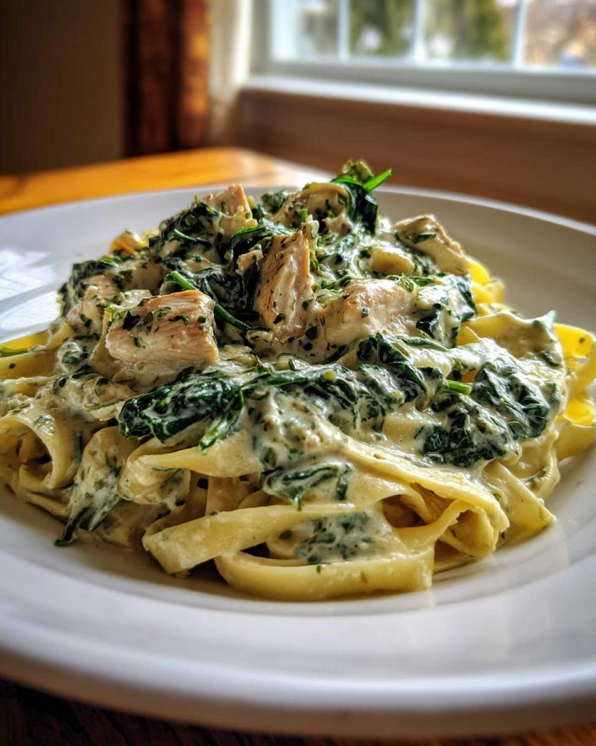 A close-up of fettuccine pasta topped with chunks of chicken and a rich, creamy spinach sauce, perfect for a Creamy Spinach Pasta with Chicken Dinner.