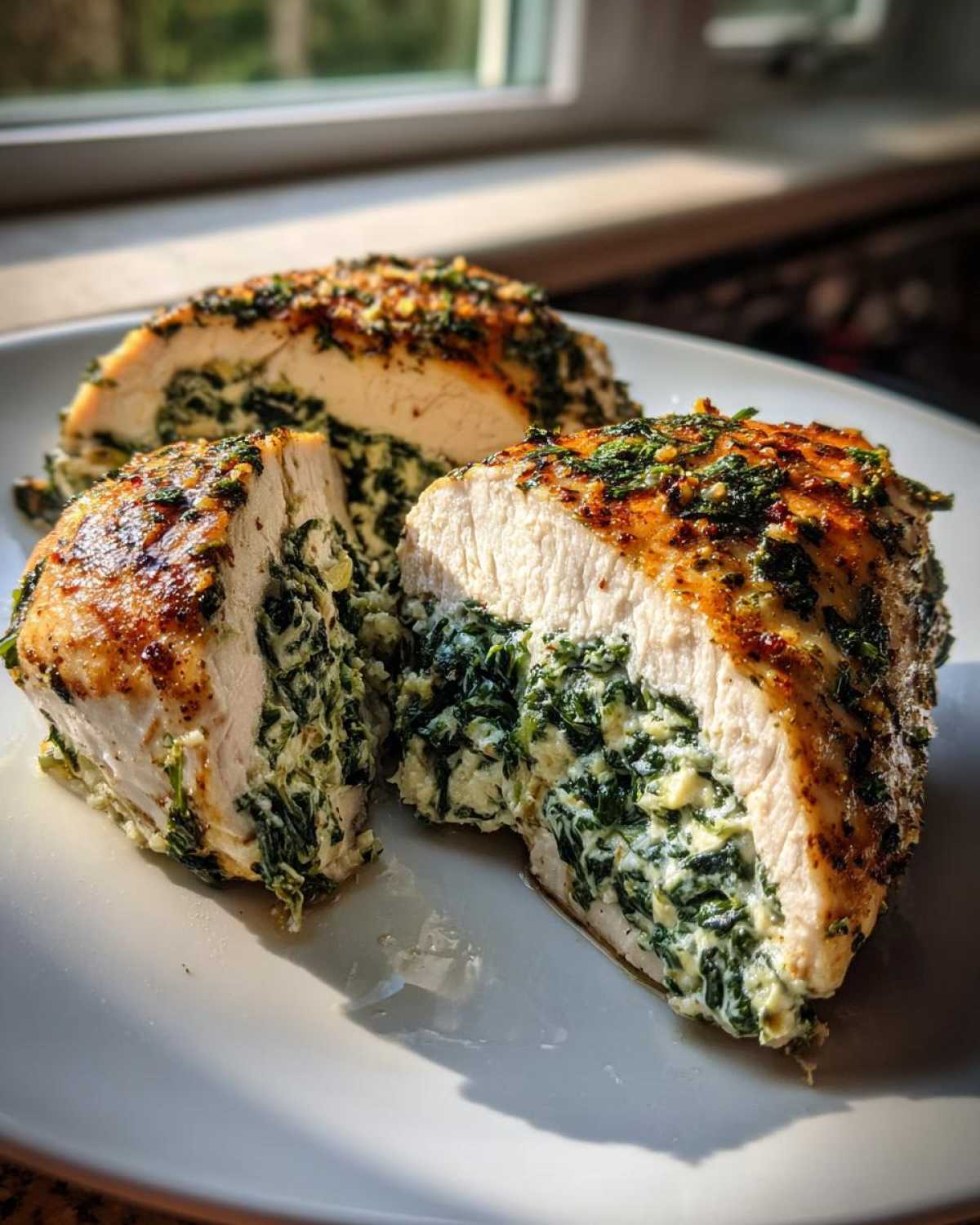 Two halves of a perfectly cooked Creamy Spinach Stuffed Chicken Breast showing the rich, creamy spinach filling inside.