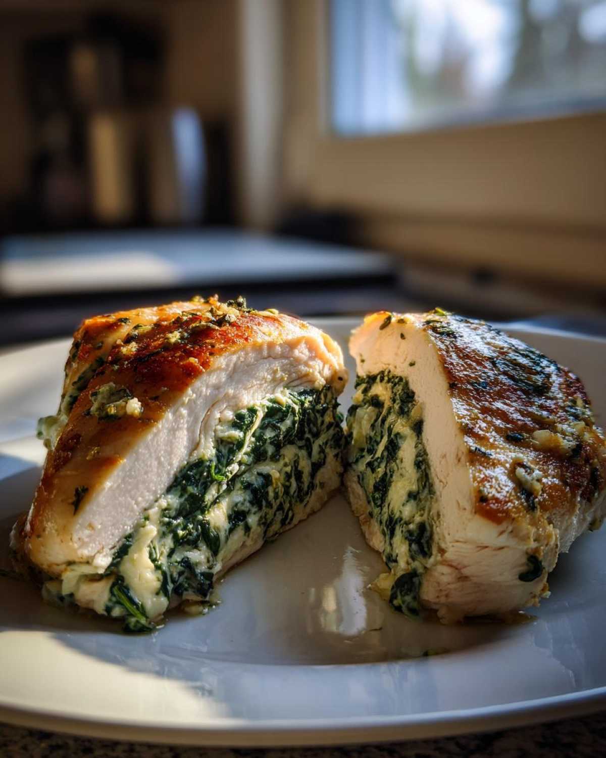 A perfectly cooked Creamy Spinach Stuffed Chicken Breast cut in half, revealing the rich, cheesy spinach filling inside.