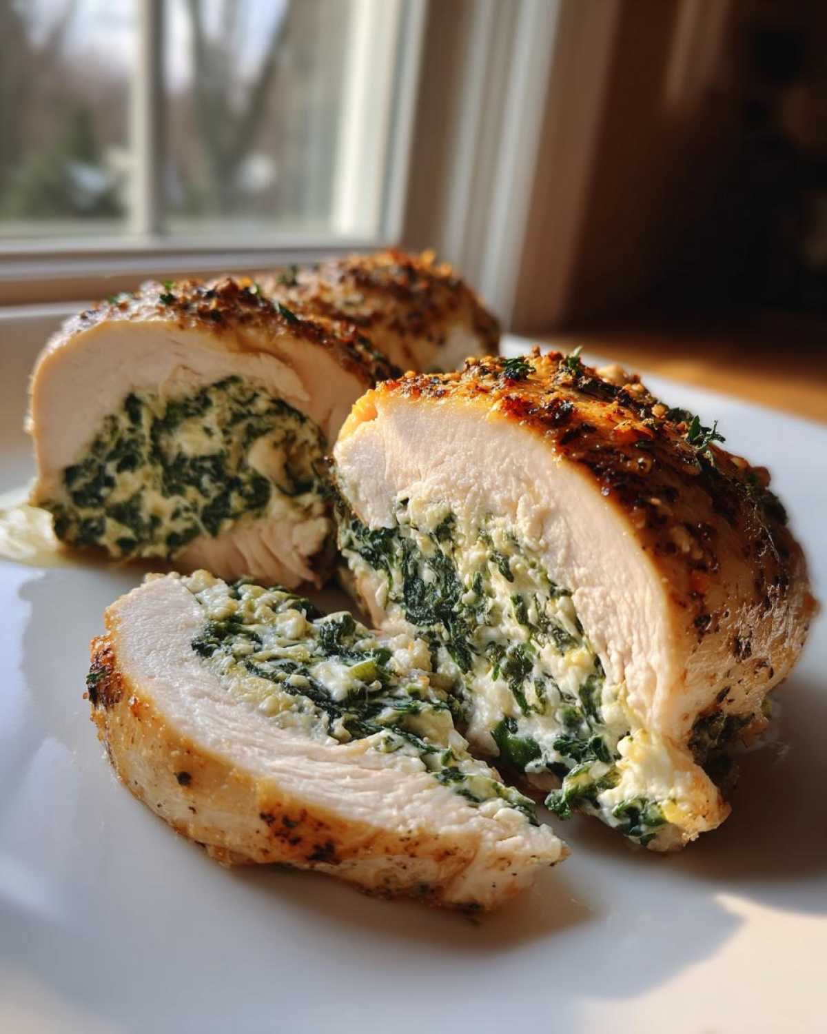 A golden-brown, sliced Creamy Spinach Stuffed Chicken Breast revealing a rich filling of spinach and cheese.