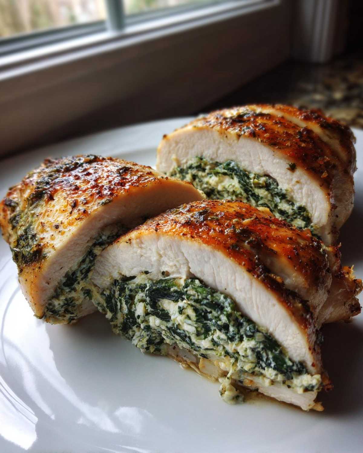 Close-up of a sliced Creamy Spinach Stuffed Chicken Breast showing the savory spinach and cheese filling.