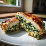 A perfectly cooked, golden-brown Creamy Spinach Stuffed Chicken Breast cut in half, revealing the rich, cheesy spinach filling.