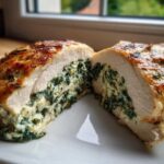 A perfectly cooked Creamy Spinach Stuffed Chicken Breast cut in half, showing the rich filling.