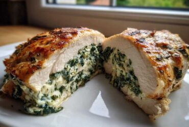 A perfectly cooked Creamy Spinach Stuffed Chicken Breast cut in half, showing the rich filling.
