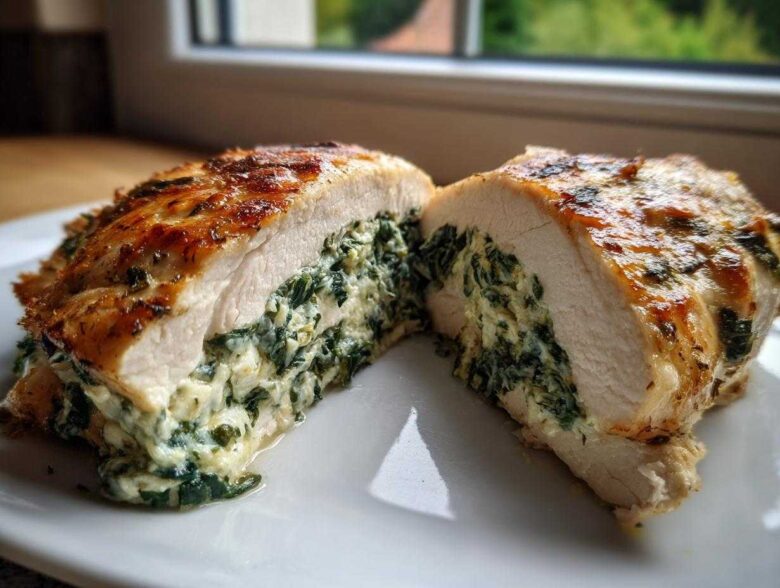 A perfectly cooked Creamy Spinach Stuffed Chicken Breast cut in half, showing the rich filling.