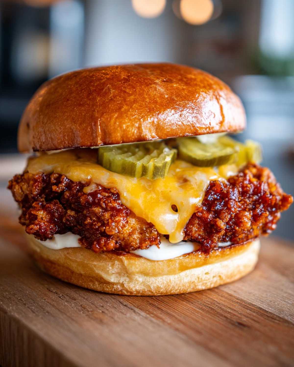 A close-up of a Crispy Chicken Burger with melty cheese, pickles, and a glossy brioche bun on a wooden board.