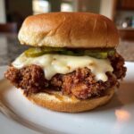 A close-up shot of a Crispy Chicken Burger with melty cheese, pickles, served on a brioche bun on a white plate.
