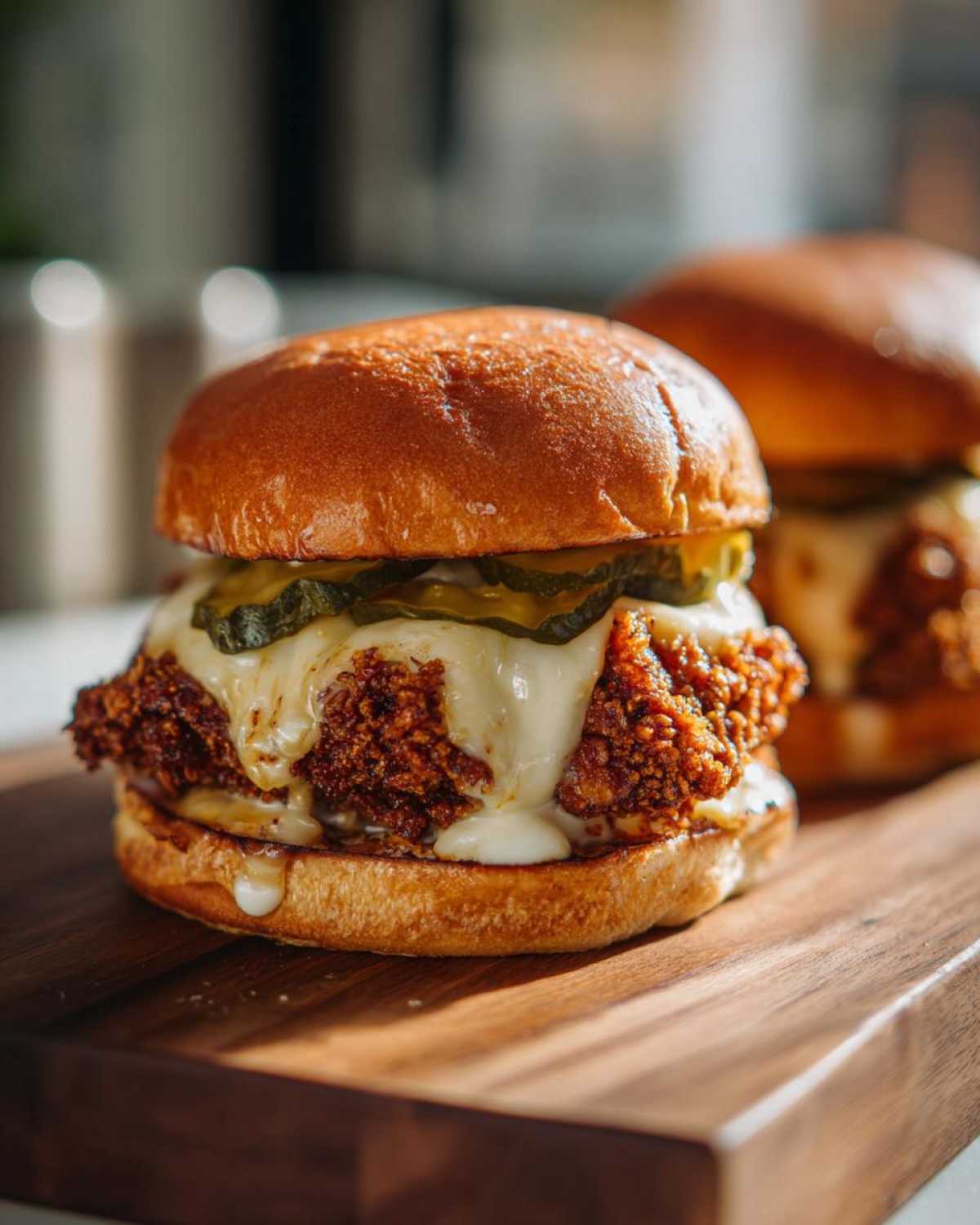 A close-up of a Crispy Chicken Burger with melty cheese dripping over the fried chicken patty and pickles on a brioche bun.