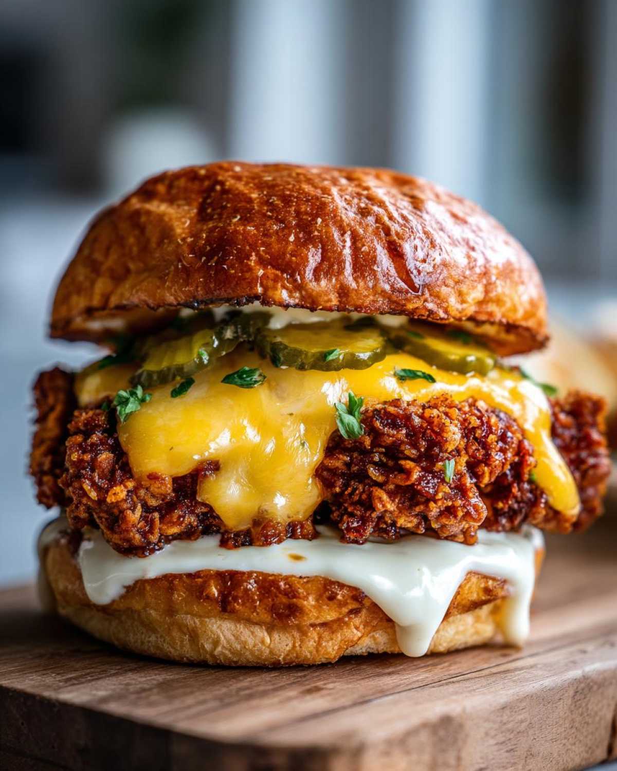 A delicious Crispy Chicken Burger with melty cheddar cheese, pickles, and white sauce dripping down the sides.