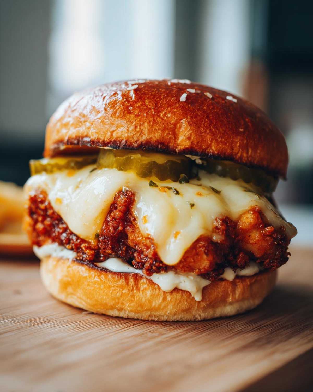 A close-up shot of a Crispy Chicken Burger with melty cheese dripping over the fried chicken patty and pickles.