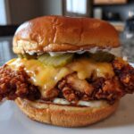 A close-up of a Crispy Chicken Burger with melty cheese, pickles, and sauce on a brioche bun.