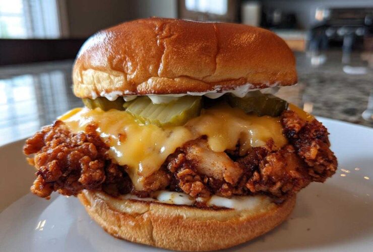 A close-up of a Crispy Chicken Burger with melty cheese, pickles, and sauce on a brioche bun.