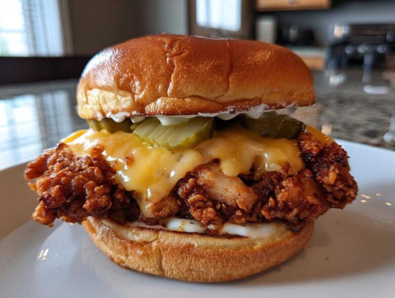 A close-up of a Crispy Chicken Burger with melty cheese, pickles, and sauce on a brioche bun.