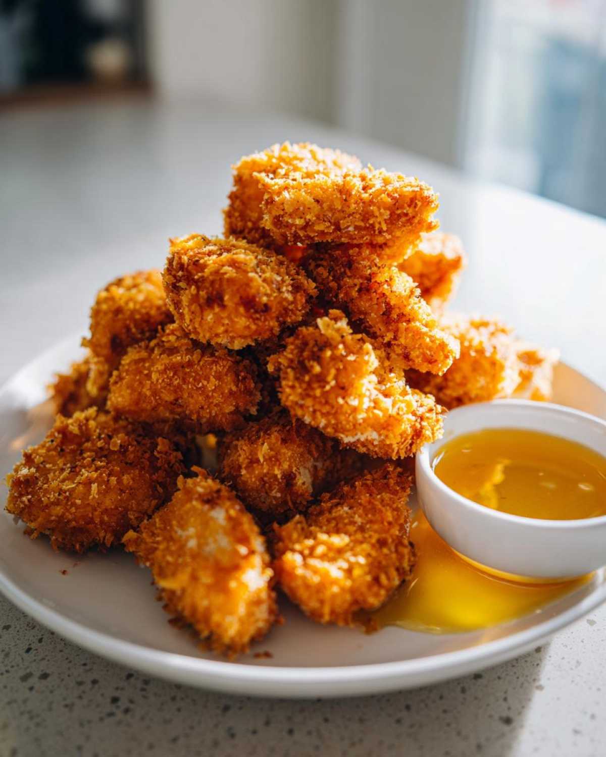 A tall pile of golden brown, crispy chicken nuggets served with a small white bowl of honey dip.