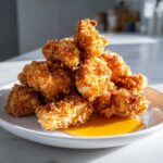 A pile of golden brown Crispy Chicken Nuggets with Honey Dip served on a white plate.