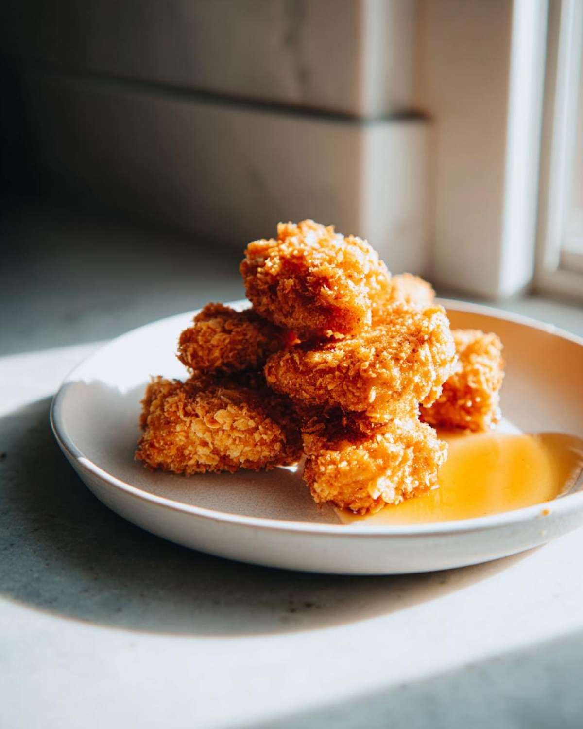 A stack of golden, crispy chicken nuggets resting in a small pool of honey dip on a light-colored plate.
