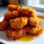 A stack of golden brown, crispy chicken nuggets served with a side of honey dip sauce.