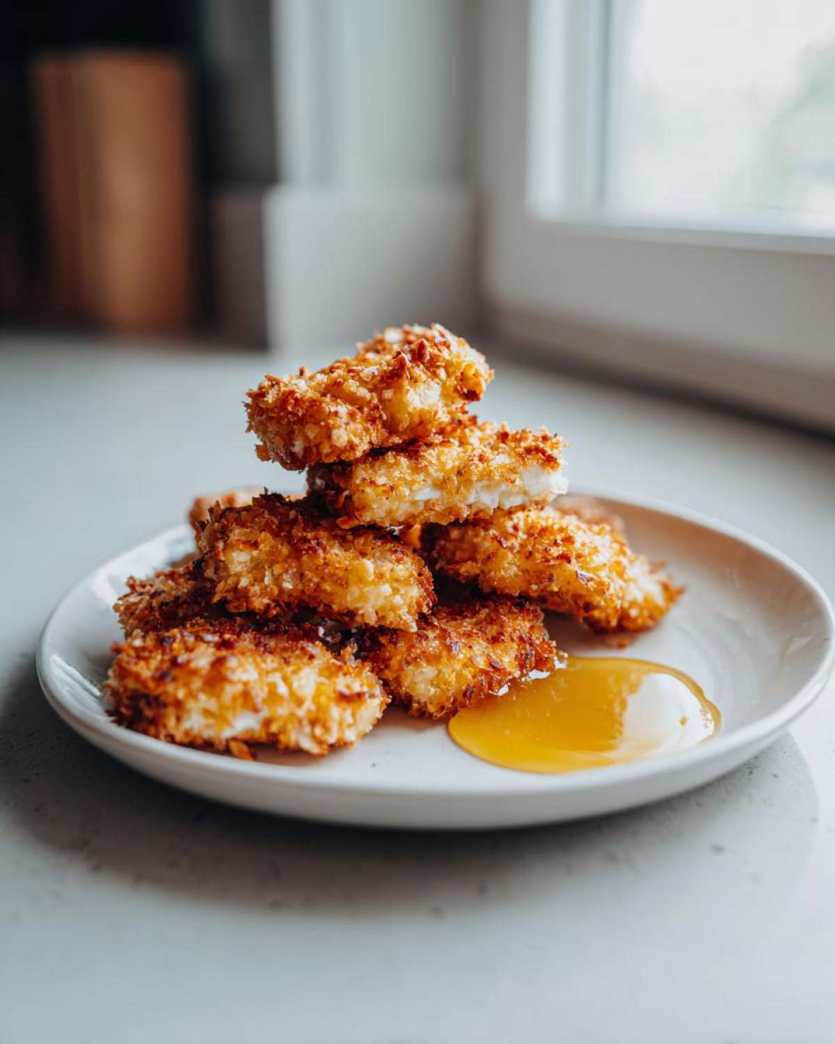 A stack of golden brown Crispy Chicken Nuggets with Honey Dip served on a white plate.