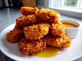 A stack of golden brown, crispy chicken nuggets served with a side of honey dip sauce.