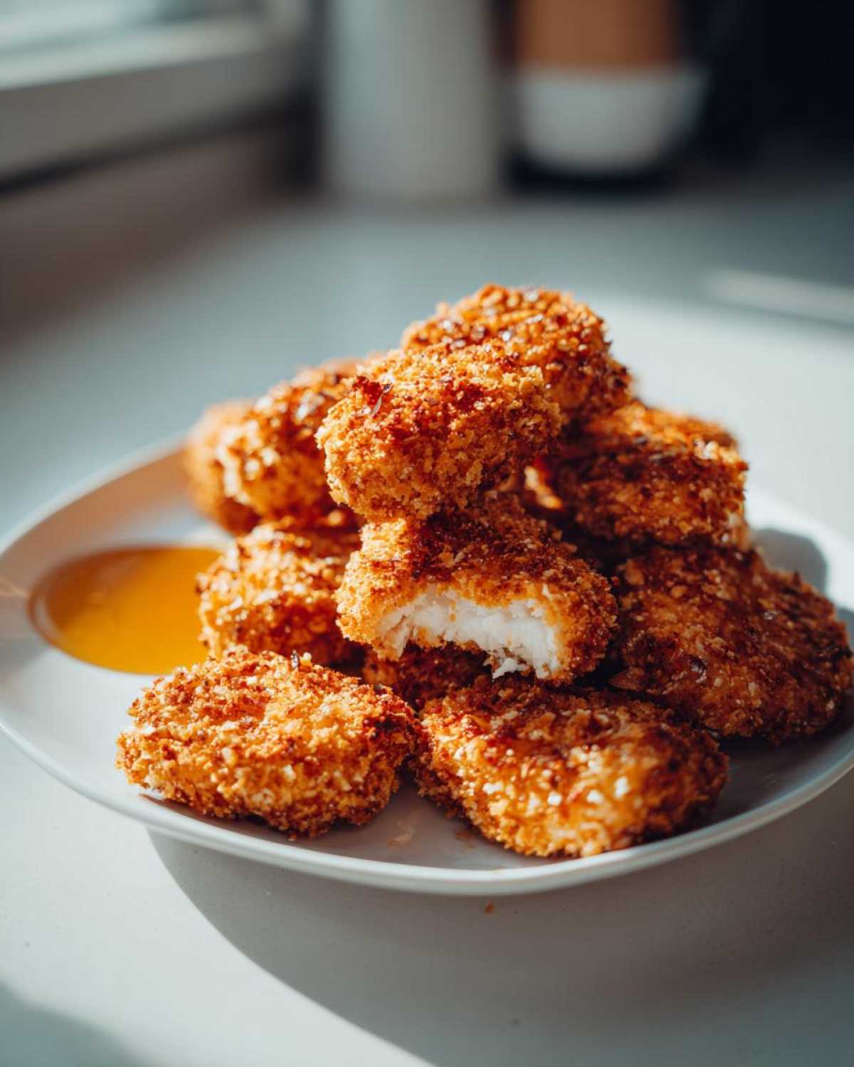 A stack of golden, crispy chicken nuggets with honey dip served on a white plate, one nugget is broken open.