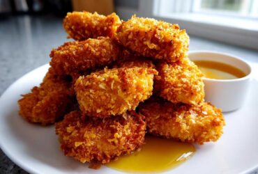 A stack of golden brown, crispy chicken nuggets served with a side of honey dip sauce.