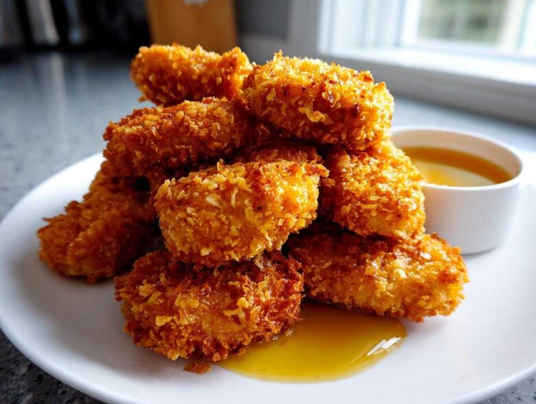A stack of golden brown, crispy chicken nuggets served with a side of honey dip sauce.