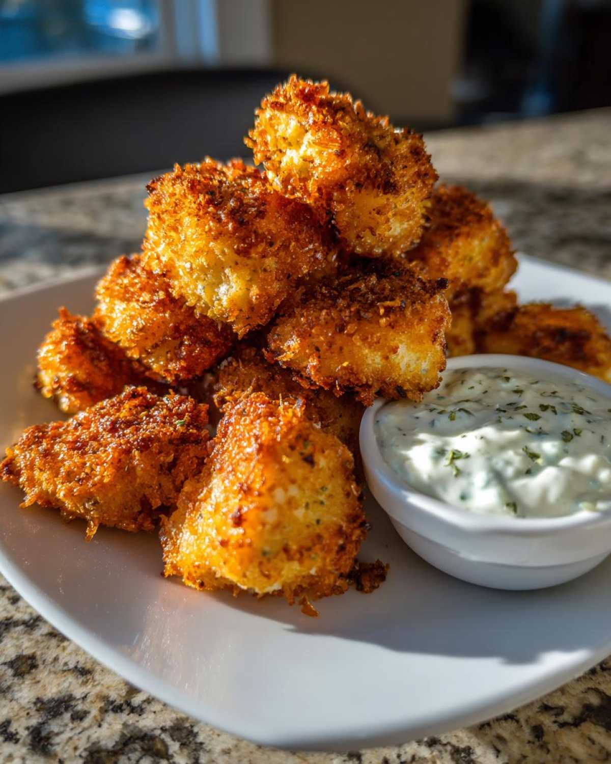 A pile of golden brown Crispy Chicken Nuggets with Ranch Dip served on a white plate.