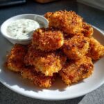 A pile of golden brown, extra crispy chicken nuggets served with a small bowl of creamy ranch dip.