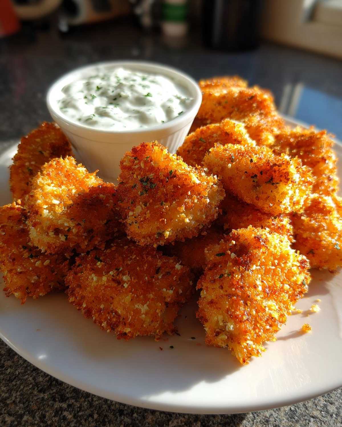 A pile of golden brown Crispy Chicken Nuggets served with a small bowl of creamy ranch dip.