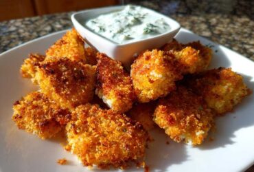 A plate of golden brown Crispy Chicken Nuggets served with a small bowl of creamy Ranch Dip.