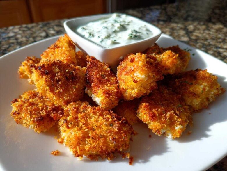 A plate of golden brown Crispy Chicken Nuggets served with a small bowl of creamy Ranch Dip.
