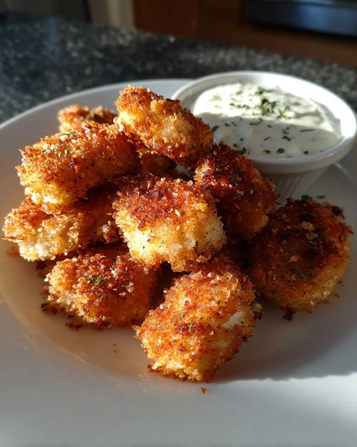 A pile of golden brown Crispy Chicken Nuggets with Ranch Dip served on a white plate.