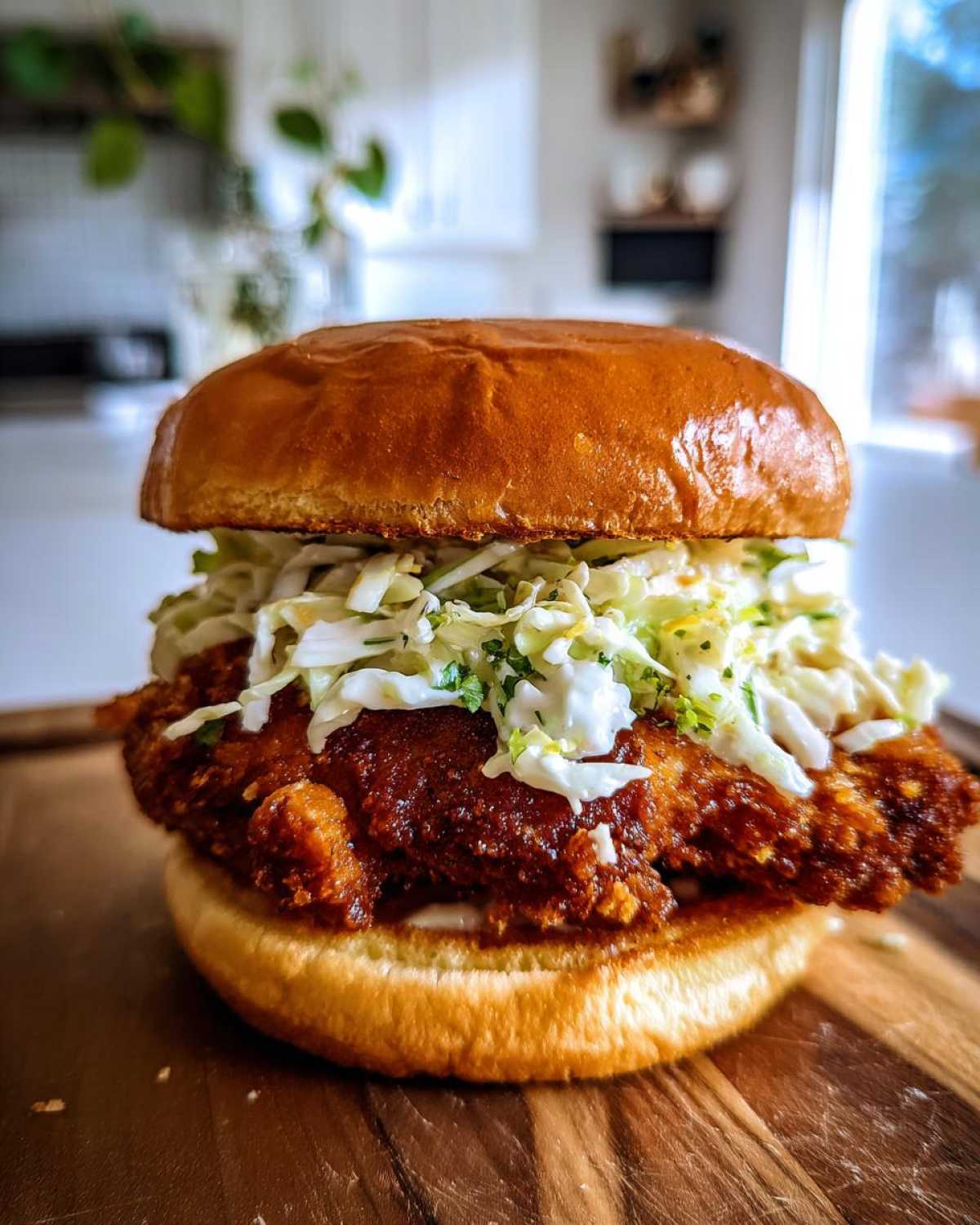 A close-up of a Crispy Chicken Sandwich with Creamy Slaw piled high on a brioche bun, resting on a wooden board.