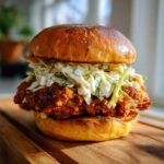 A tall, juicy Crispy Chicken Sandwich with Creamy Slaw piled high on a toasted brioche bun, sitting on a wooden board.