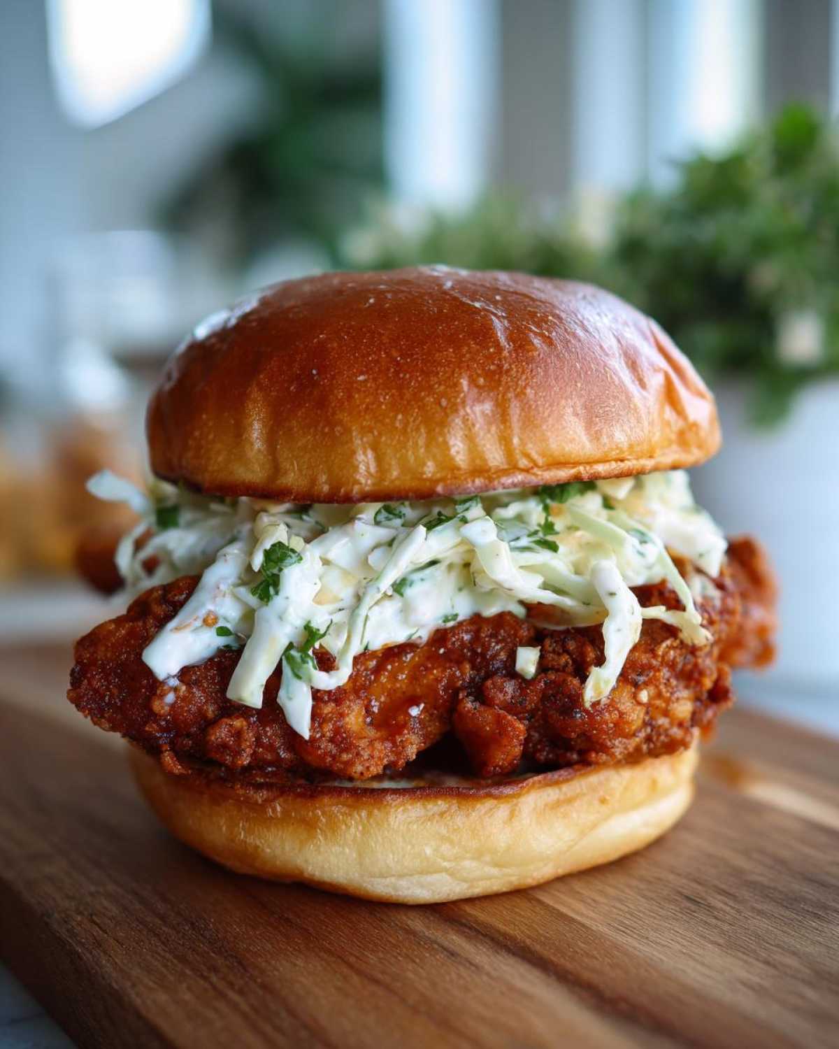 Close-up of a Crispy Chicken Sandwich with Creamy Slaw piled high on a toasted brioche bun.