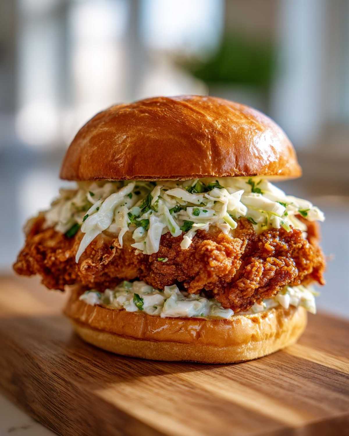 A towering Crispy Chicken Sandwich with Creamy Slaw piled high on a toasted brioche bun, resting on a wooden board.