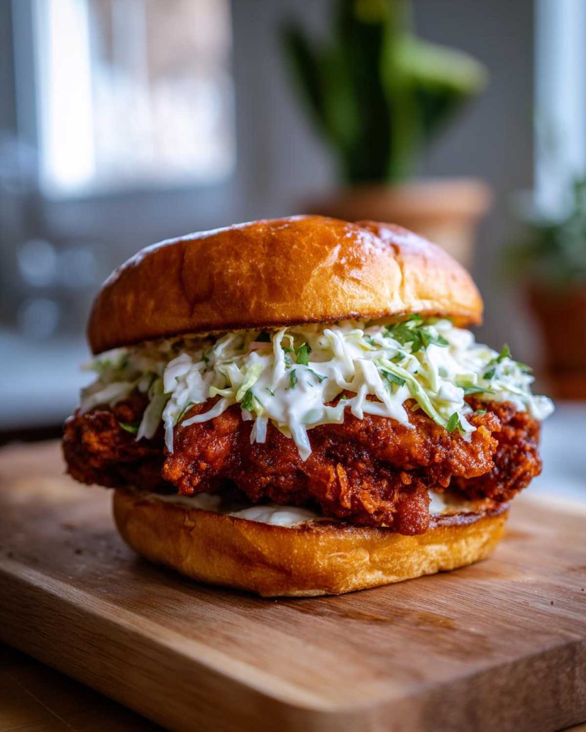 A close-up of a Crispy Chicken Sandwich with Creamy Slaw piled high on a toasted brioche bun, resting on a wooden board.