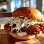 Close-up of a Crispy Chicken Sandwich with Creamy Slaw piled high on a toasted brioche bun, resting on a wooden board.