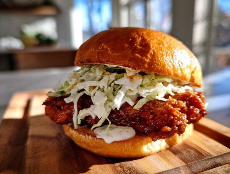 Close-up of a Crispy Chicken Sandwich with Creamy Slaw piled high on a toasted brioche bun, resting on a wooden board.
