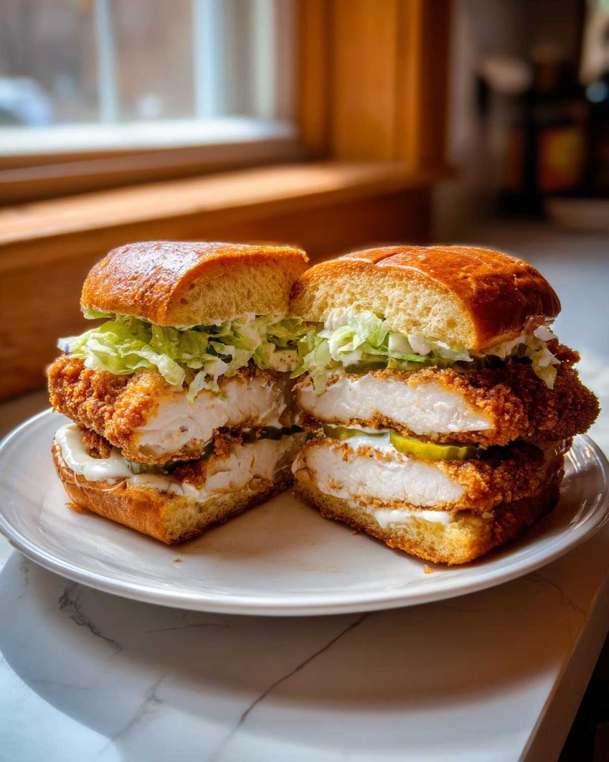 Cross-section view of a thick Crispy Chicken Sandwich with Garlic Sauce, showing juicy white meat, pickles, and shredded lettuce on a brioche bun.