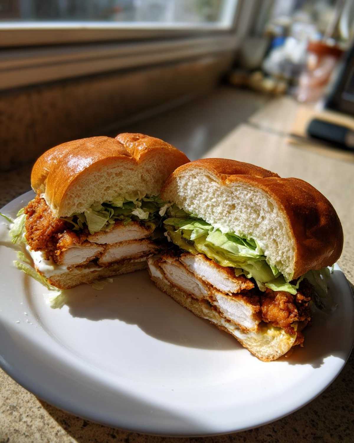 A halved Crispy Chicken Sandwich with Garlic Sauce showing layers of breaded chicken, lettuce, and sauce on a white plate.