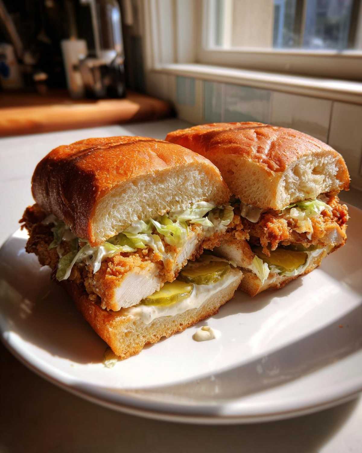 A halved Crispy Chicken Sandwich with Garlic Sauce showing crispy fried chicken, pickles, lettuce, and creamy sauce on a roll.