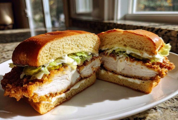 A close-up, halved view of a Crispy Chicken Sandwich with Garlic Sauce, showing thick fried chicken, pickles, lettuce, and sauce on a brioche bun.