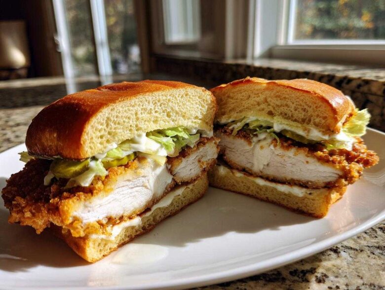 A close-up, halved view of a Crispy Chicken Sandwich with Garlic Sauce, showing thick fried chicken, pickles, lettuce, and sauce on a brioche bun.