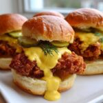 Three Crispy Chicken Sliders topped with thick honey mustard sauce and pickles, ready to eat.