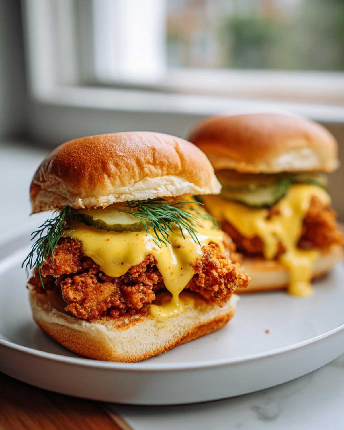Two Crispy Chicken Sliders with honey mustard sauce, pickles, and dill on soft buns, served on a white plate.
