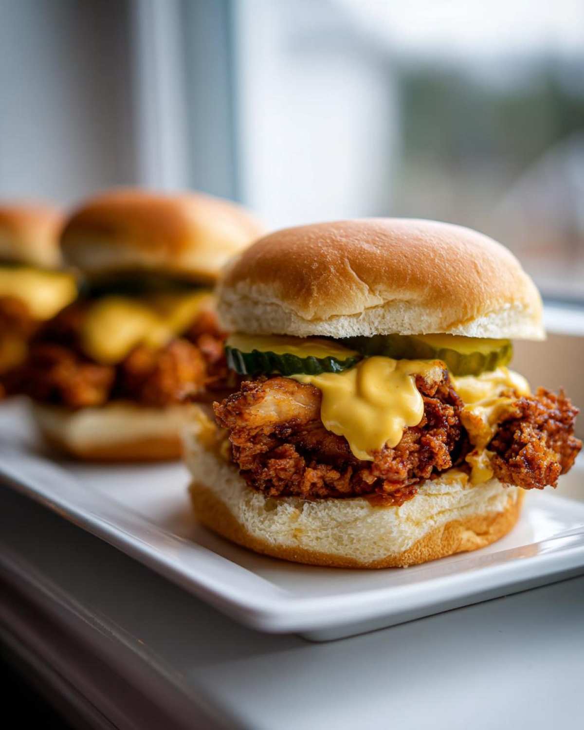 Close-up of one of the Crispy Chicken Sliders with honey mustard sauce and pickles on a white plate.