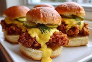 Three Crispy Chicken Sliders topped with thick honey mustard sauce and pickles, ready to eat.