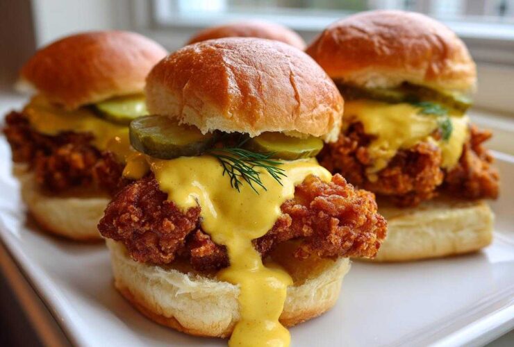 Three Crispy Chicken Sliders topped with thick honey mustard sauce and pickles, ready to eat.